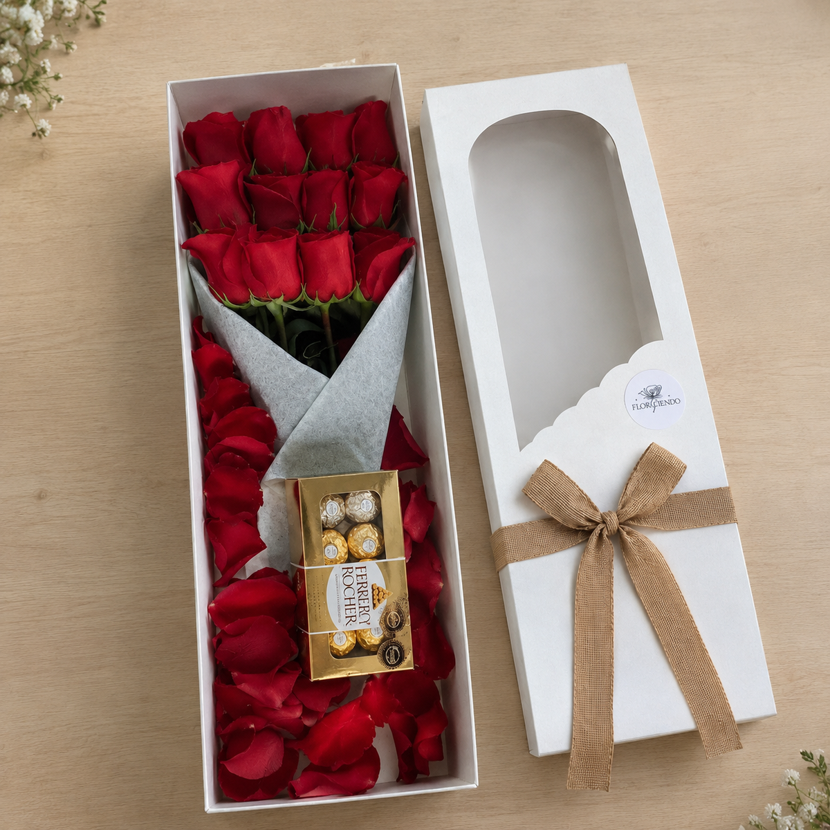 Caja de 12 Rosas Rojas y Ferrero Rocher