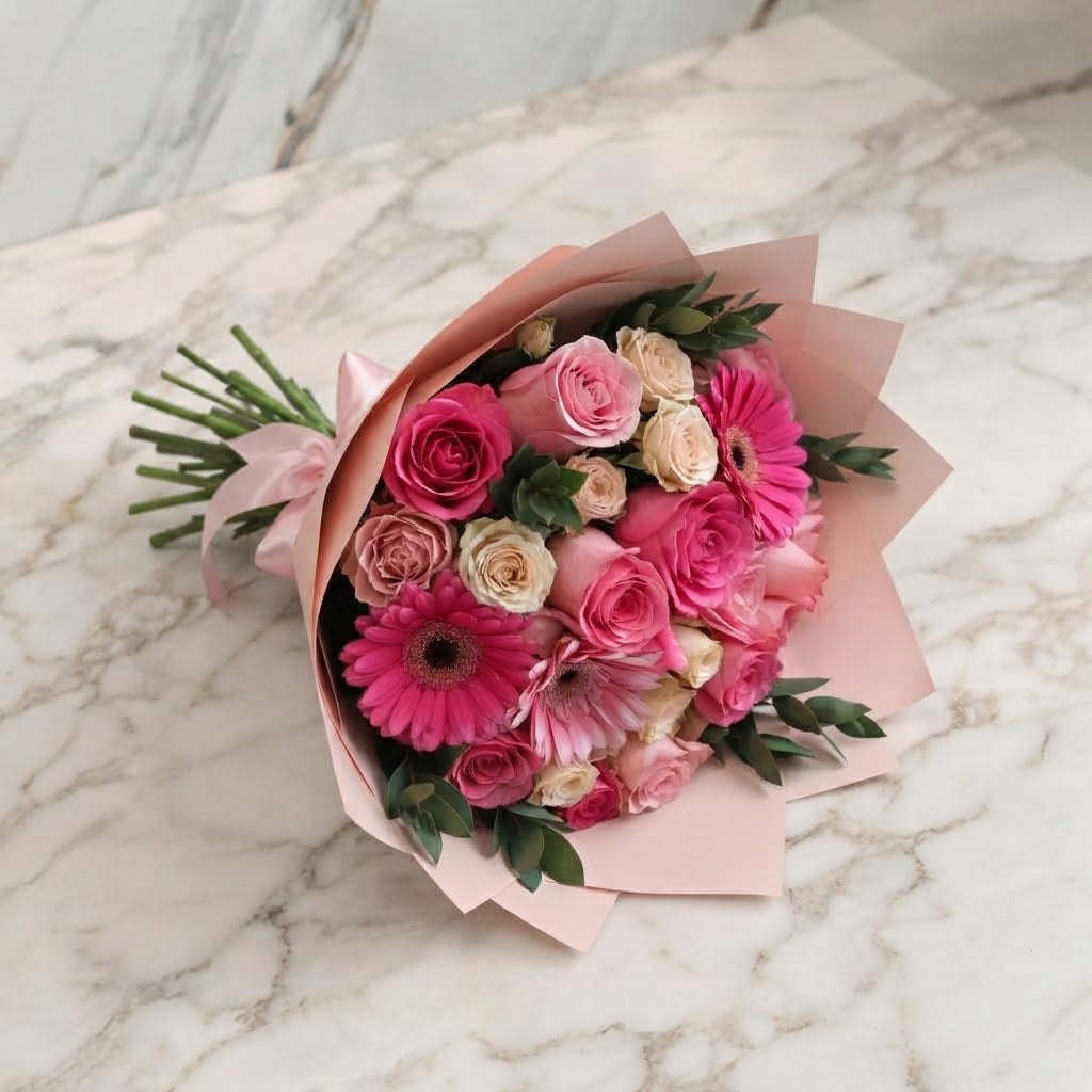 Ramo de Gerberas y Rosas en tonos Pasteles