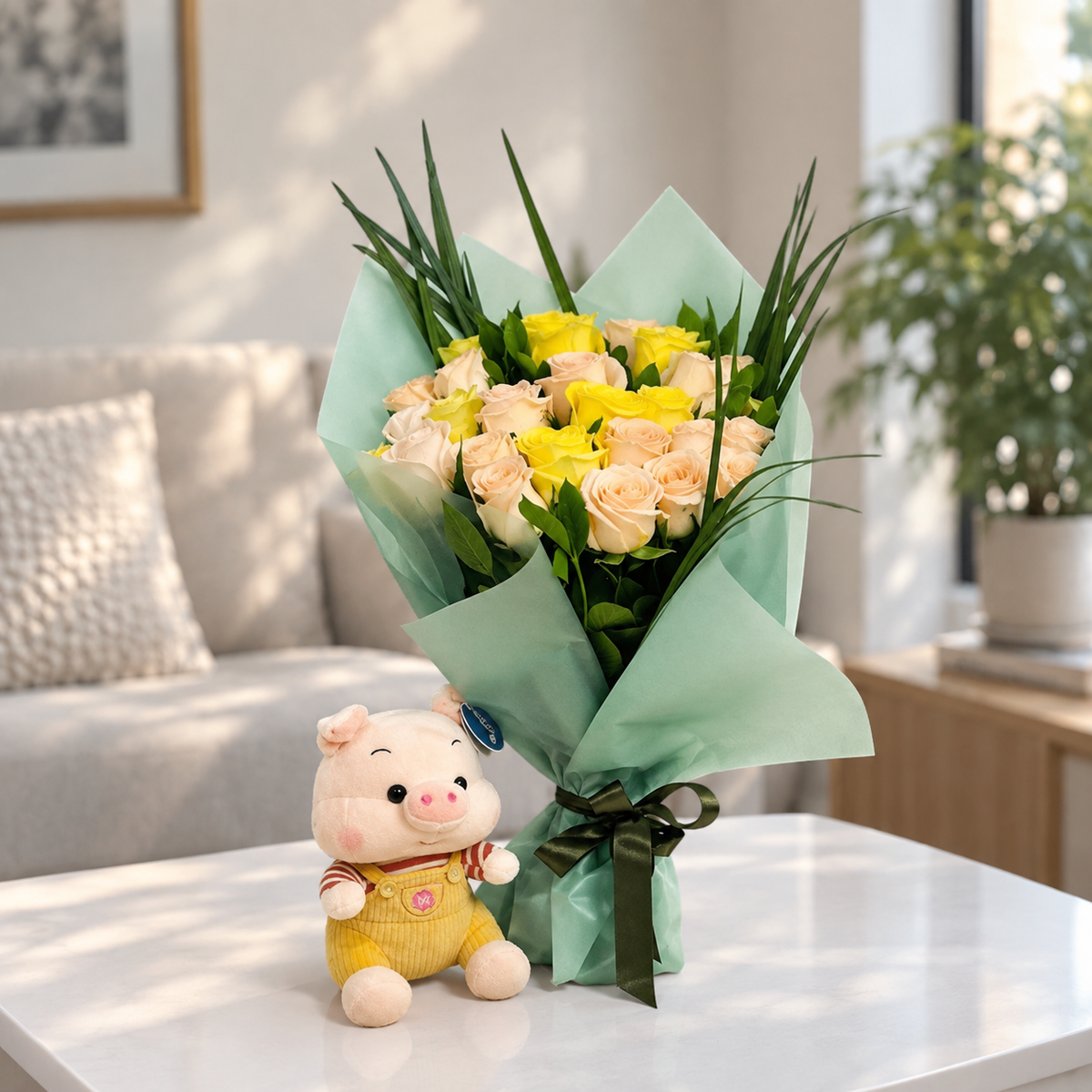 Ramo de Rosas Amarillas y Rosadas con Peluche
