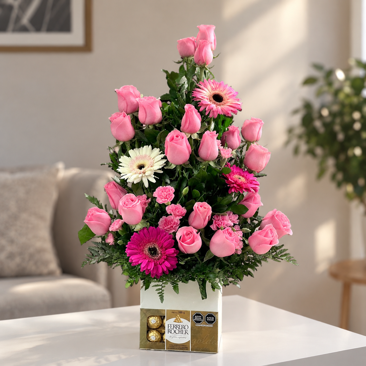 Box Cuadrado de Gerberas y Rosas Fucsias