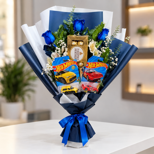 Ramo de 3 Rosas Azules, 2 Hot Wheels y Chocolate Ferrero Rocher