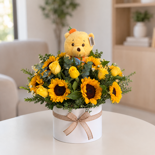 Box de Girasoles y Rosas Amarillas con Peluche