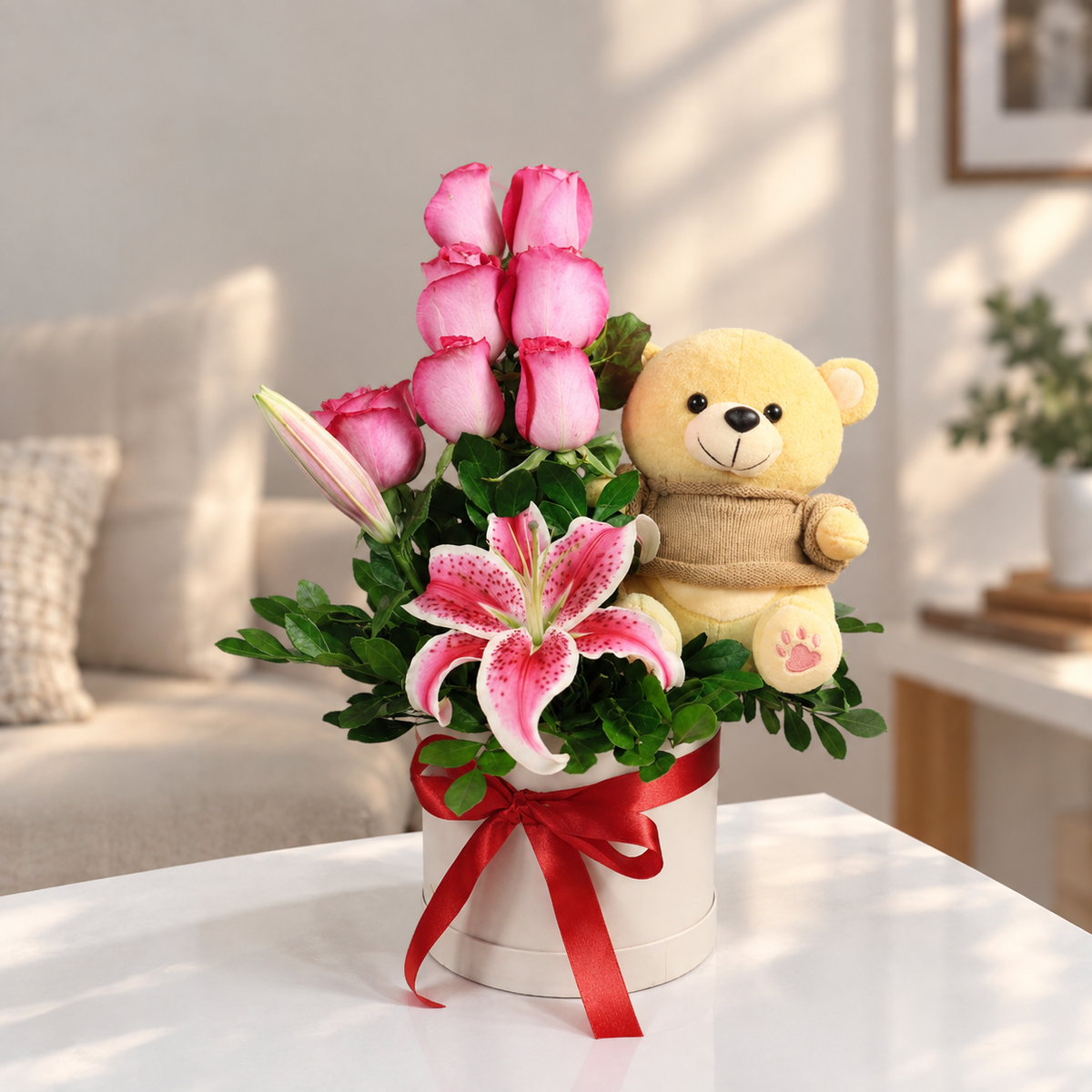 Box de Rosas Fucsias y Peluche