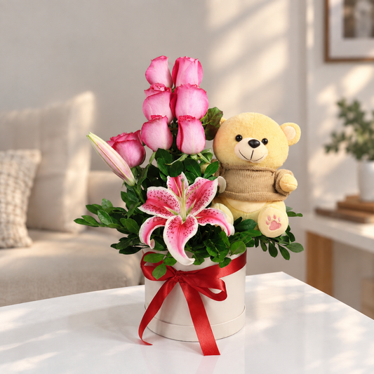 Box de Rosas Fucsias y Peluche