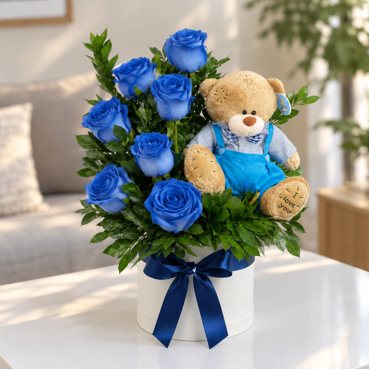 Box de 7 Rosas Azules y Peluche