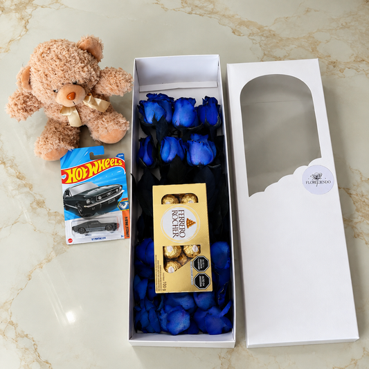 Caja de 6 Rosas Azules y 1 Hot Wheels, Chocolates y 1 Peluche