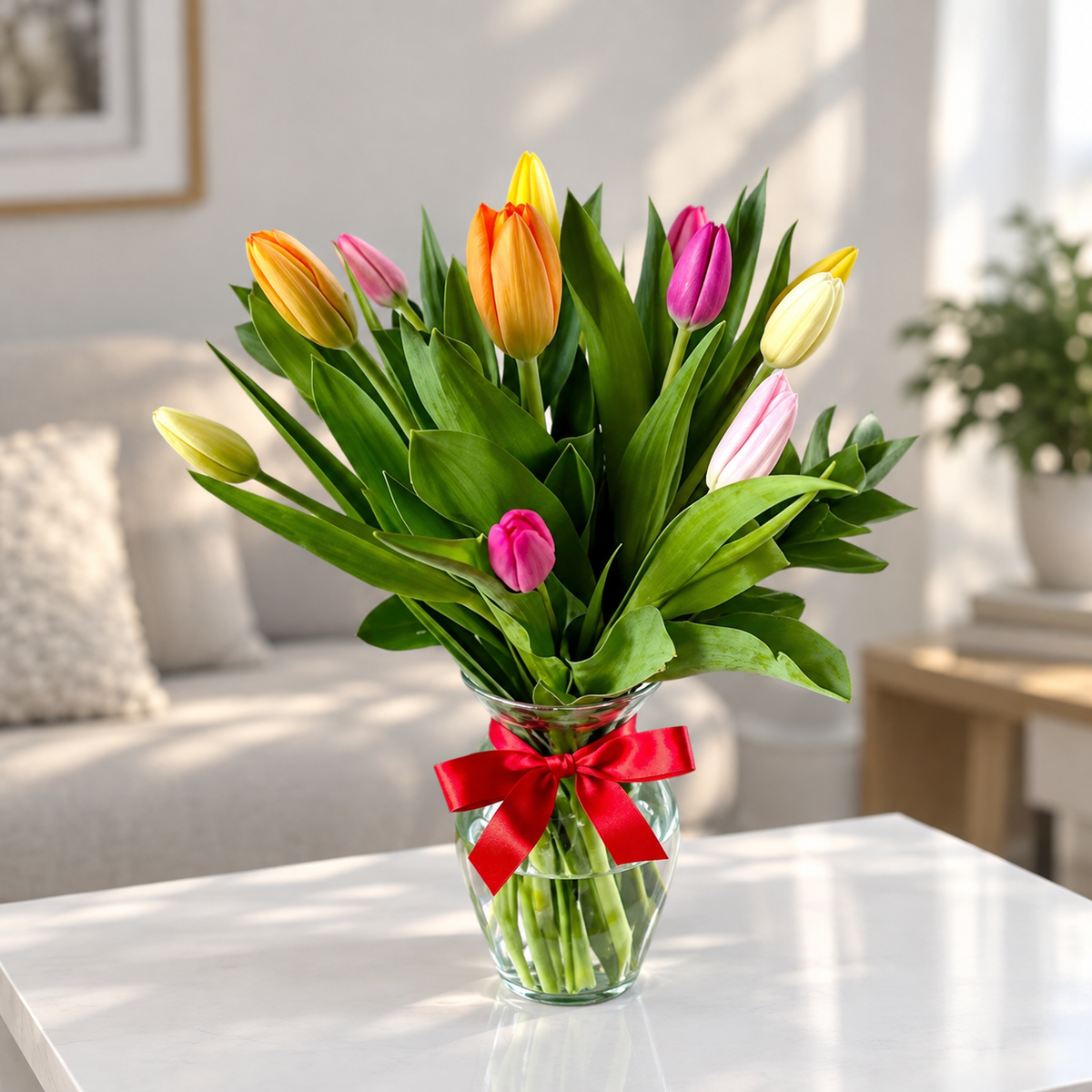 Florero de Tulipanes en Colores Primaverales