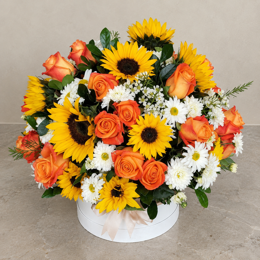 Box de Girasoles y Rosas Naranjas