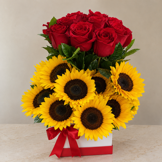 Box Cuadrado de Girasoles y Rosas Rojas