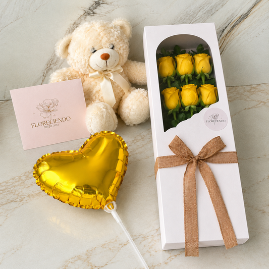 Caja de Rosas Amarillas con Peluche y Globo