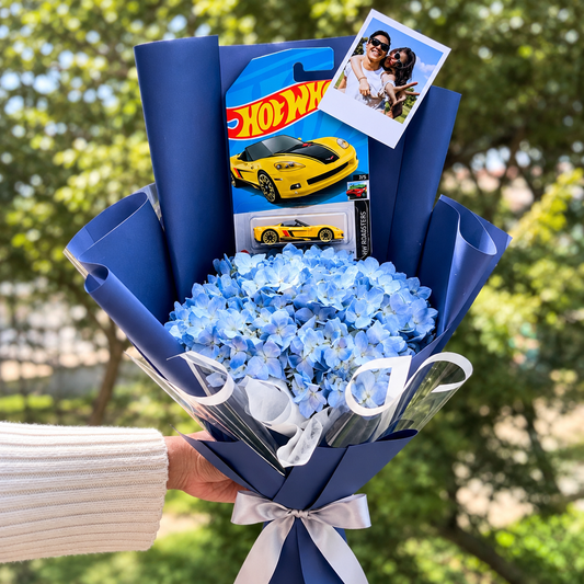 Ramo de 1 Hortensia de Vivero, 1 Hot Wheels y 1 Fotografía Personalizada