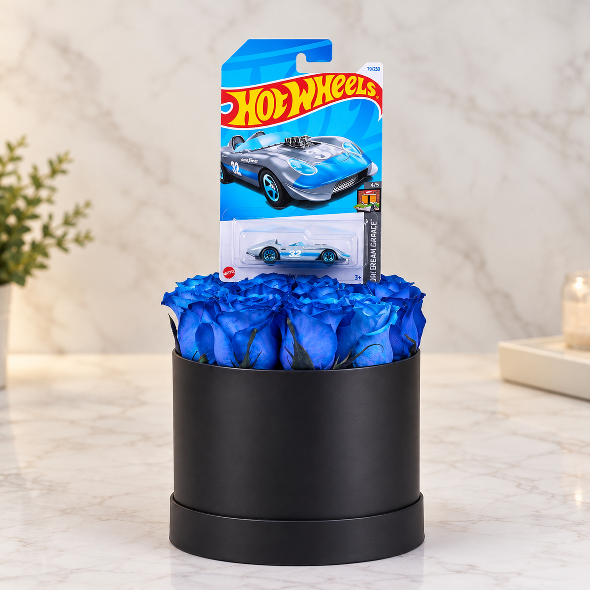 Box de 12 Rosas Azules y 1 Hot Wheels