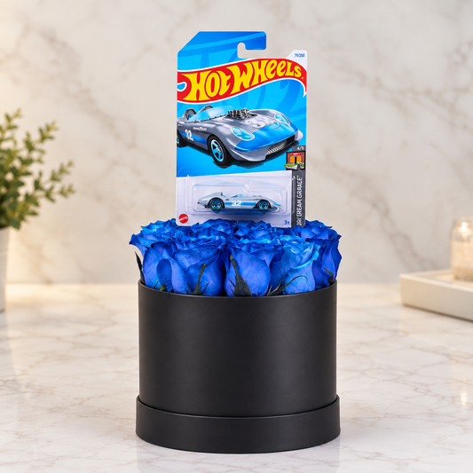 Box de 12 Rosas Azules y 1 Hot Wheels