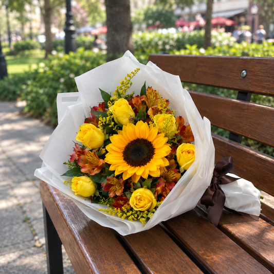 Ramo de Rosas Amarillas, Girasol y Complementos