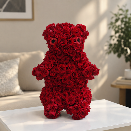 Arreglo de Rosas Rojas en forma de Oso
